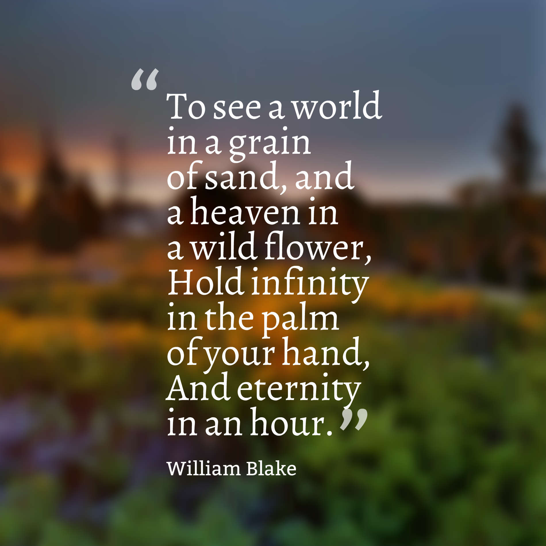 To see a world in a grain of sand, and a heaven in a wild flower, Hold infinity in the palm of your hand, And eternity in an hour.